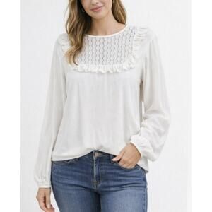 Kensie Blouse Womens L Cream Textured Knit Blouse‎ Lace Ruffle Modern Coquette